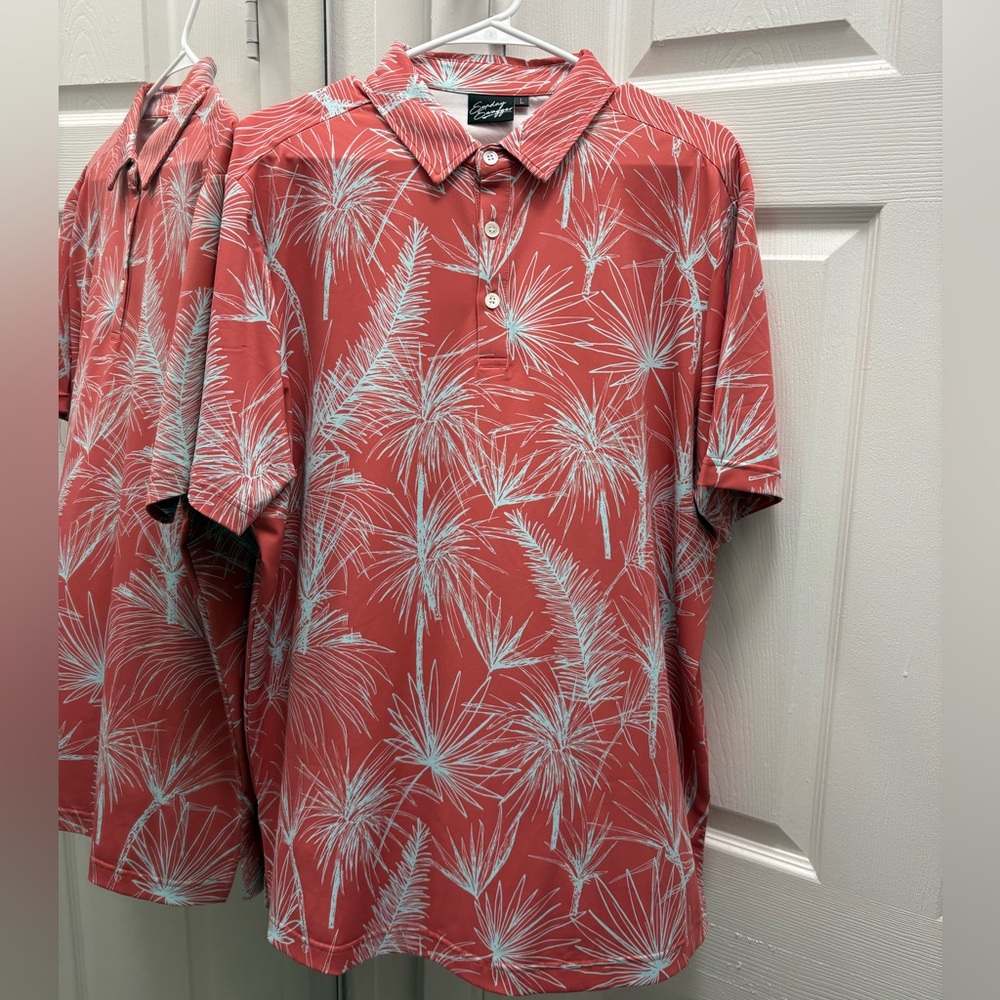 Sunday Swagger Coral Palm Print Polo Shirt